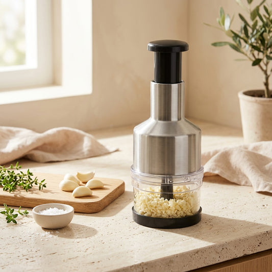 Clovecut™ Stainless Steel Garlic Cutter in a calm home setting