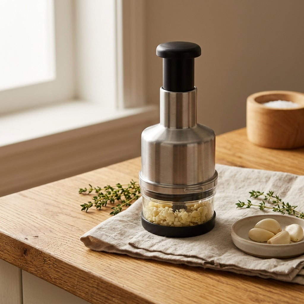 Clovecut™ Stainless Steel Garlic Cutter, styled close view