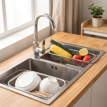 Rinsecup™ Stainless Steel Sink Drain Basket in a calm home setting