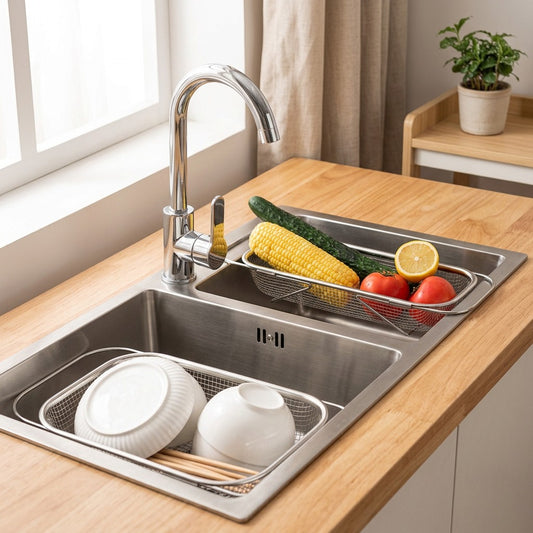 Rinsecup™ Stainless Steel Sink Drain Basket in a calm home setting