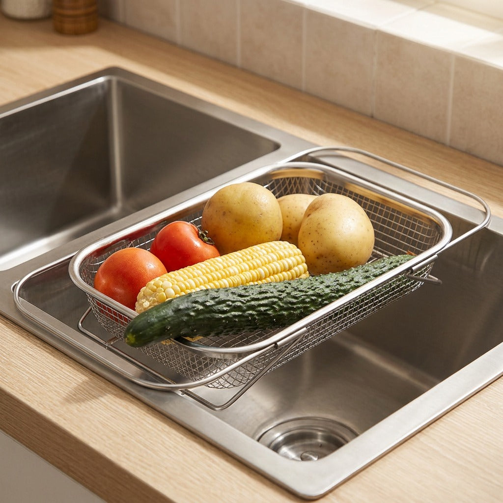 Rinsecup™ Stainless Steel Sink Drain Basket, styled close view
