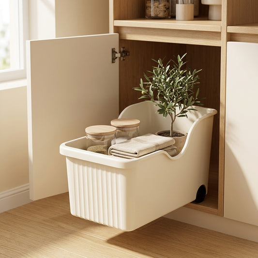 Stowbasket™ Extra Large Plastic Storage Basket in a calm home setting