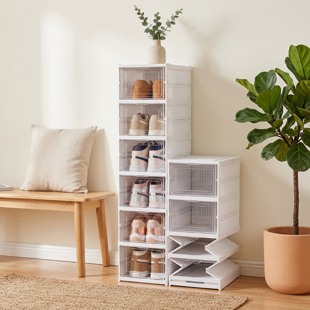 Solefold™ Foldable Plastic Shoe Cabinet in a calm home setting