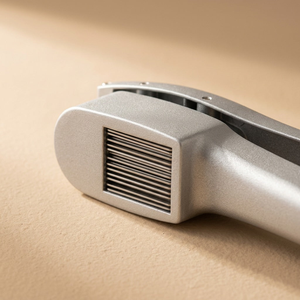 Squeezebulb™ Aluminum Alloy Garlic Press, material and detail close-up