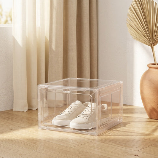 Shoefold™ Transparent Foldable Shoe Box in a calm home setting