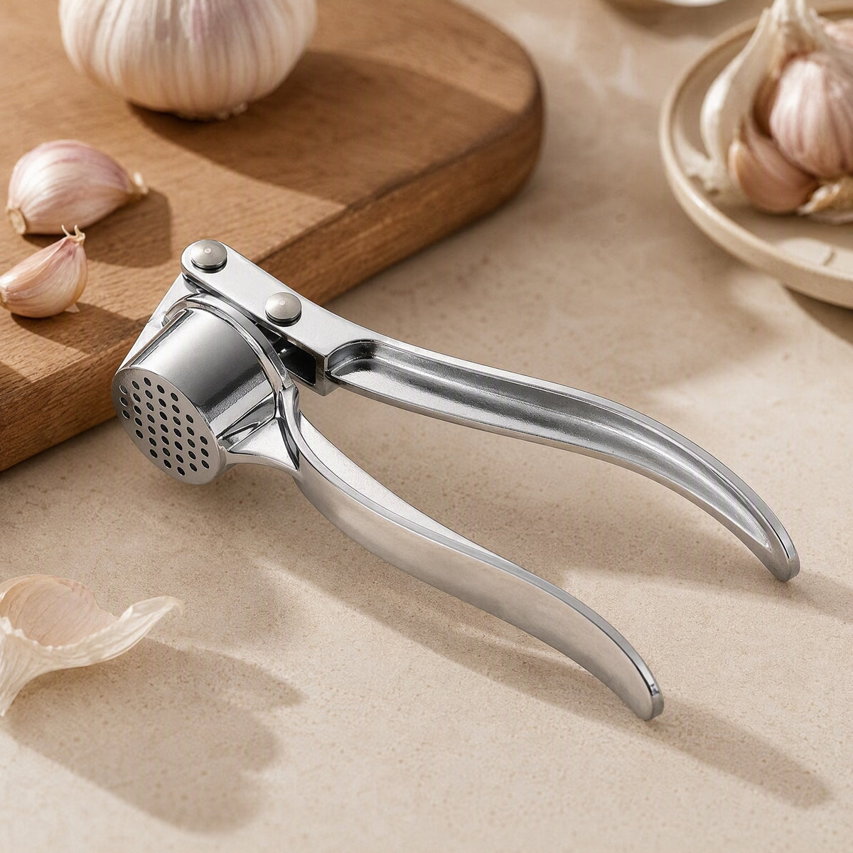 Bulbpress™ Aluminum Alloy Garlic Press, styled close view
