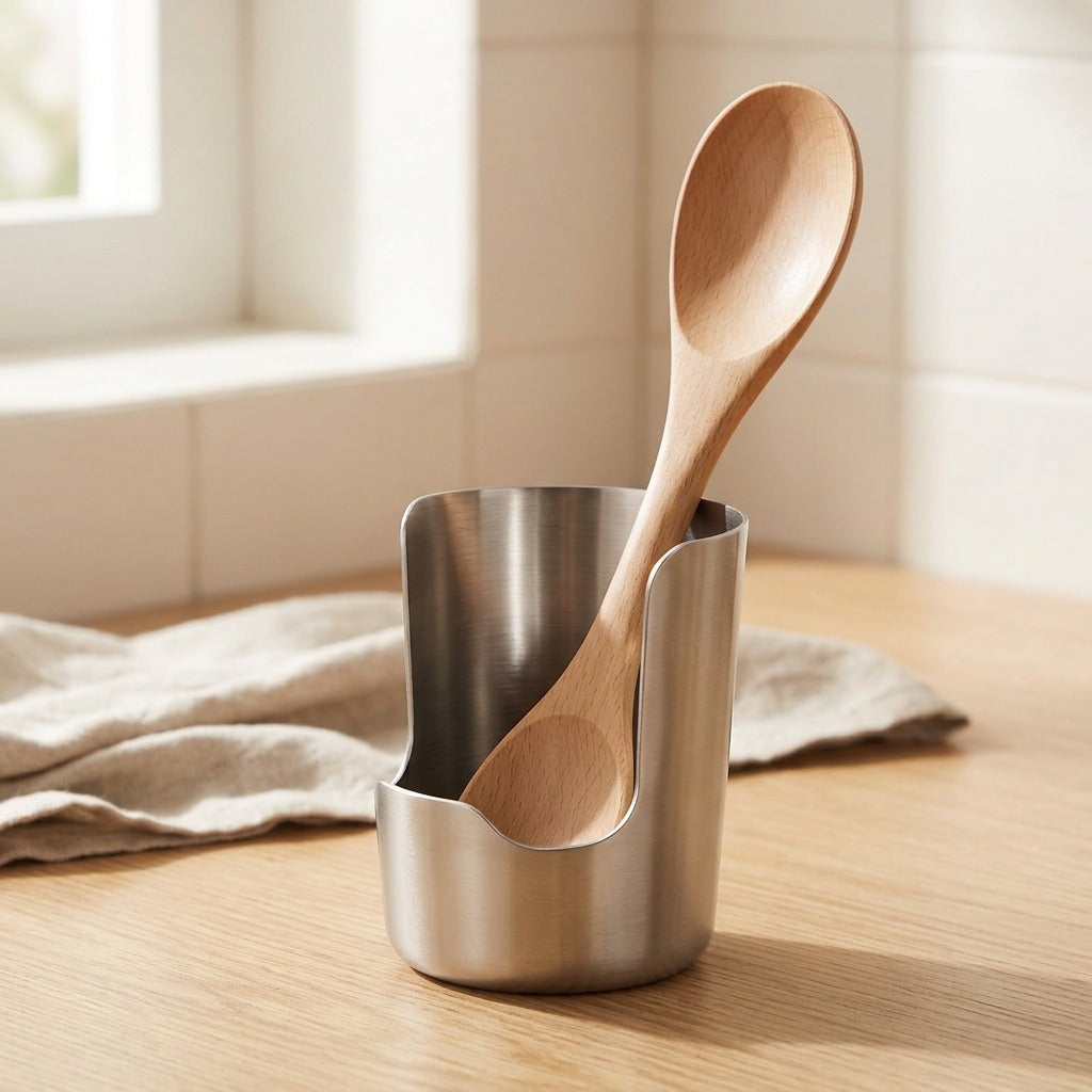 Spoonrest™ 304 Stainless Steel Spoon Holder, styled close view