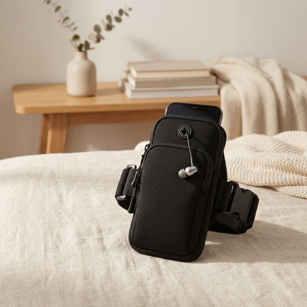 Neopocket™ Neoprene Phone Arm Bag in a calm home setting