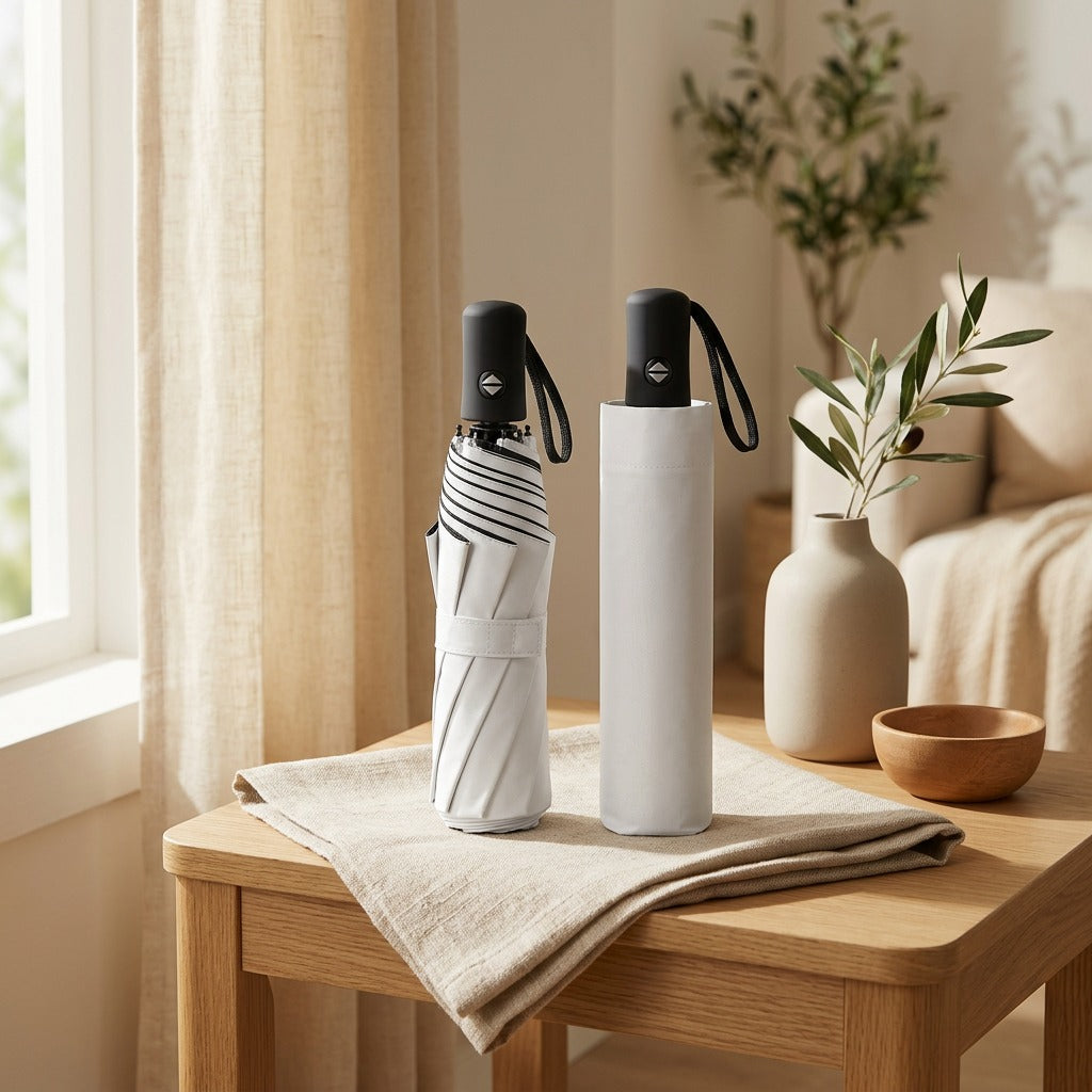 Pocketshade™ Three-Fold Sun Umbrella in a calm home setting