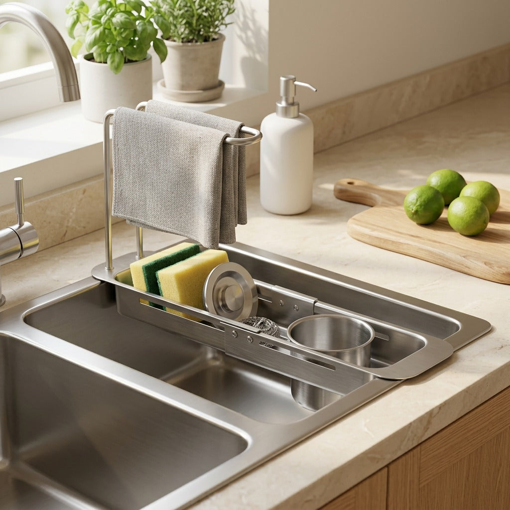 Dripdeck™ Stainless Steel Sink Drain Rack in a calm home setting