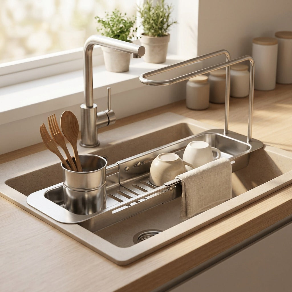 Dripdeck™ Stainless Steel Sink Drain Rack, styled close view