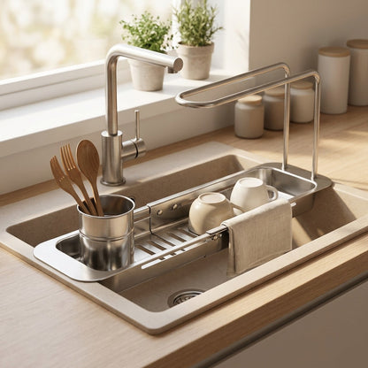 Dripdeck™ Stainless Steel Sink Drain Rack, styled close view