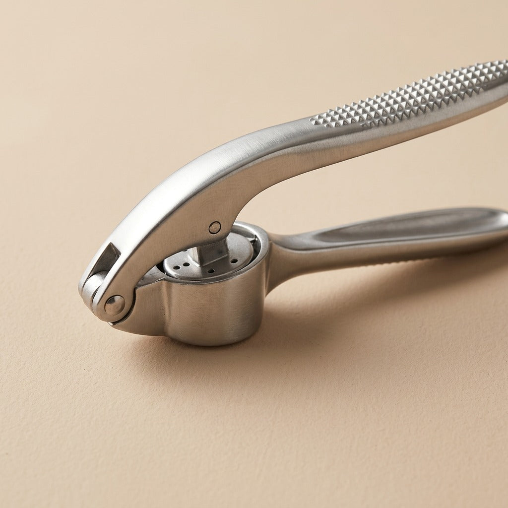 Clovegrip™ Zinc Alloy Garlic Press, material and detail close-up