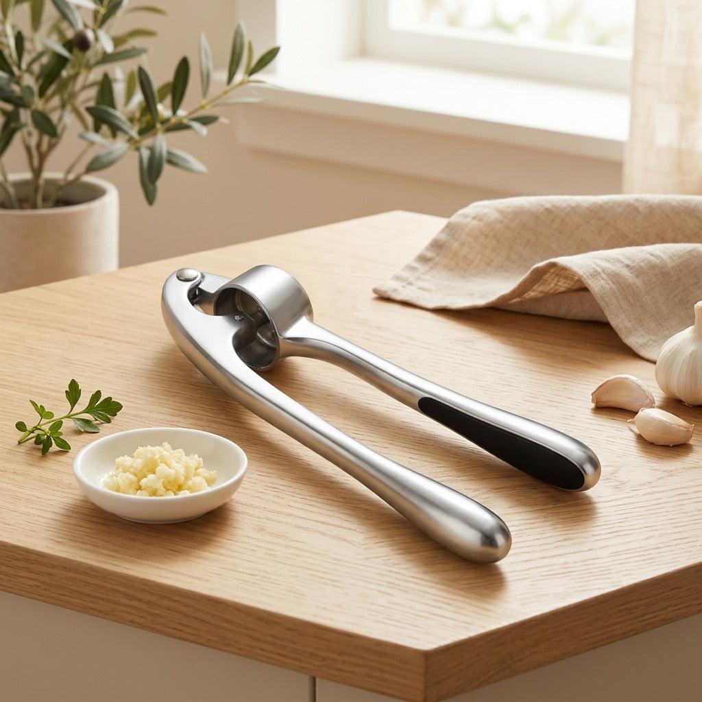 Clovegrip™ Zinc Alloy Garlic Press in a calm home setting