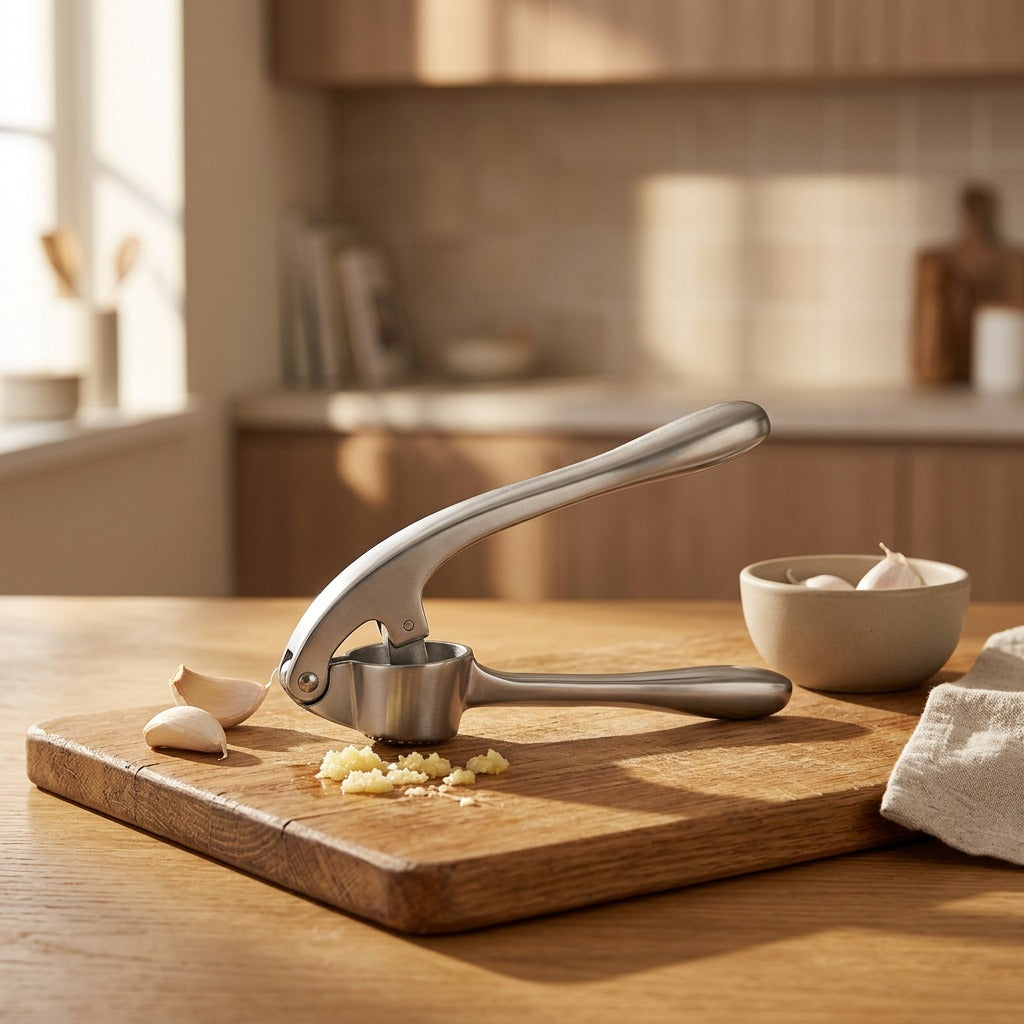 Clovegrip™ Zinc Alloy Garlic Press, styled close view
