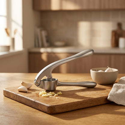 Clovegrip™ Zinc Alloy Garlic Press, styled close view