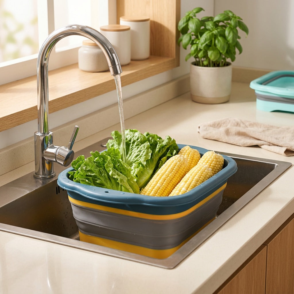 Washfold™ Foldable Plastic Washing Basket in a calm home setting
