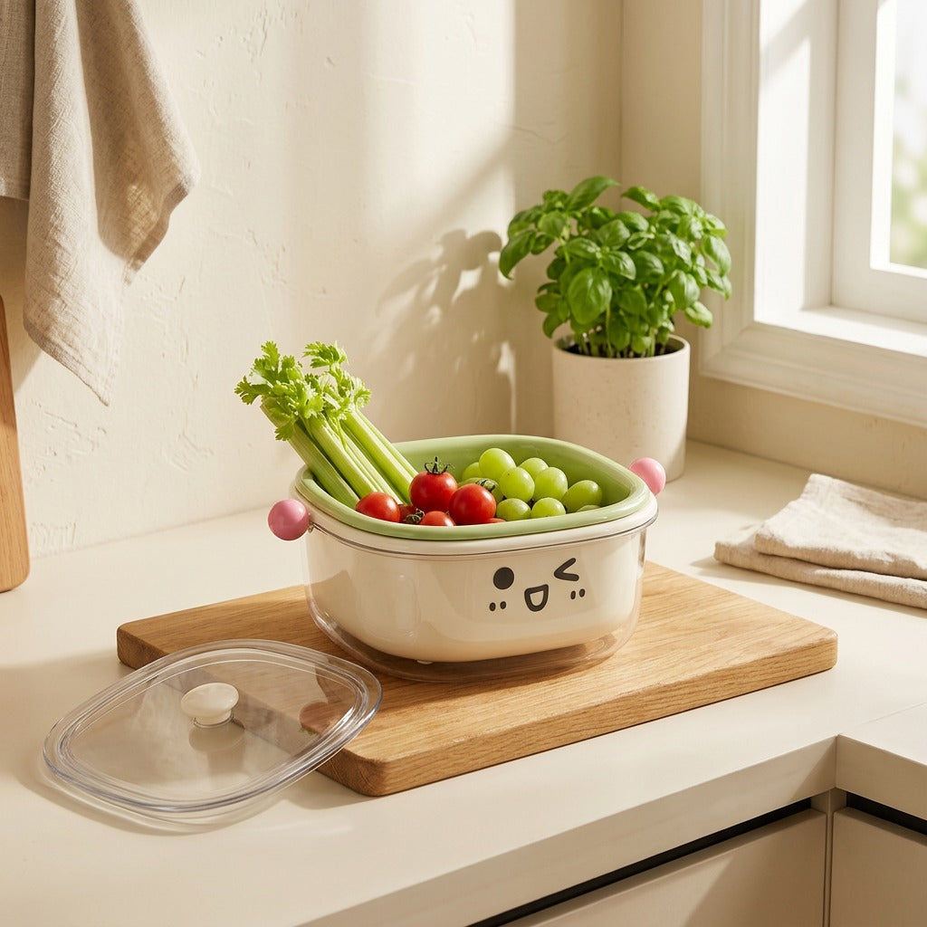 Lidbasket™ Double-Layer Draining Basket With Lid in a calm home setting