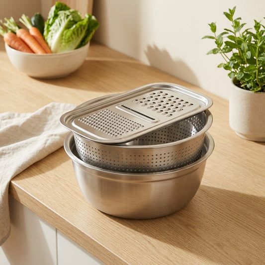 Gratewell™ Stainless Steel Grater Basin Set in a calm home setting