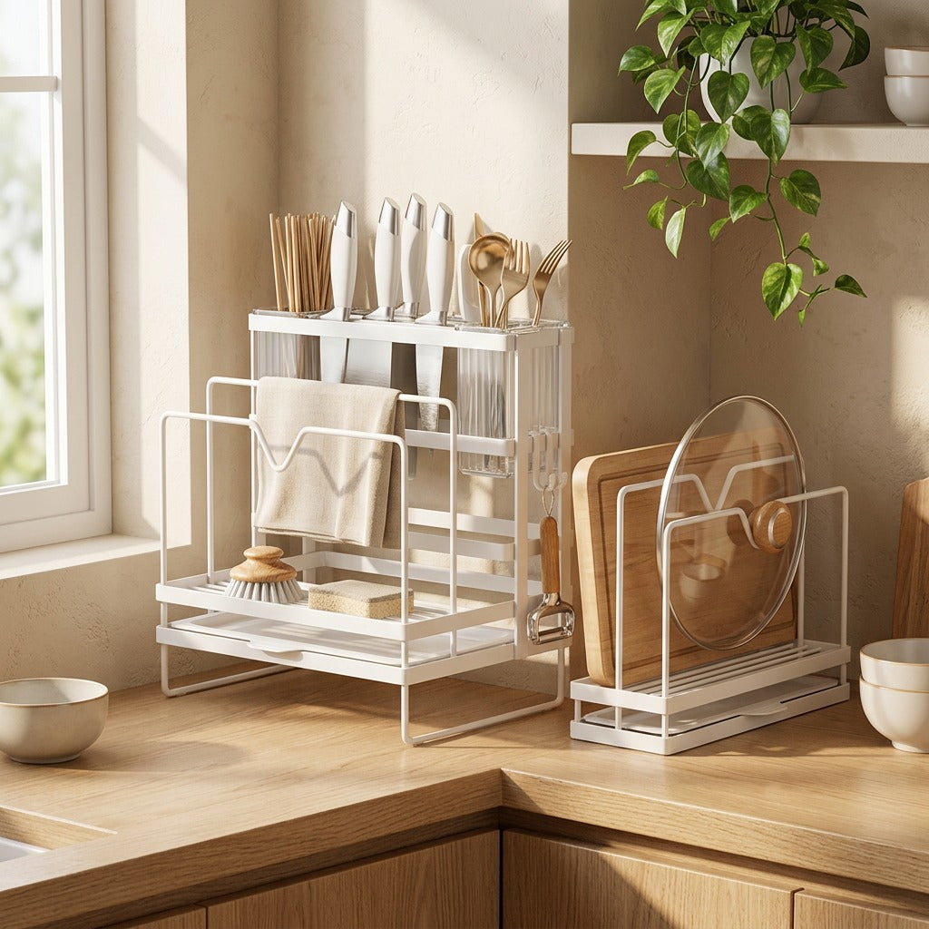 Stackstead™ Carbon Steel Kitchen Storage Rack in a calm home setting