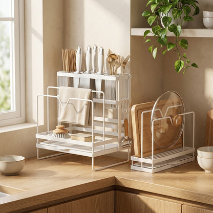 Stackstead™ Carbon Steel Kitchen Storage Rack in a calm home setting