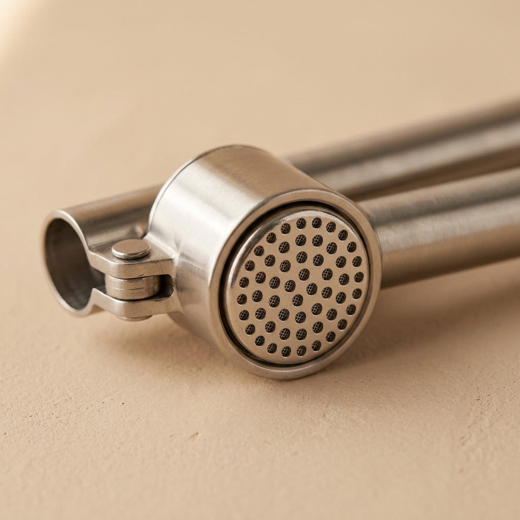 Pressclove™ Stainless Steel Garlic Press, material and detail close-up