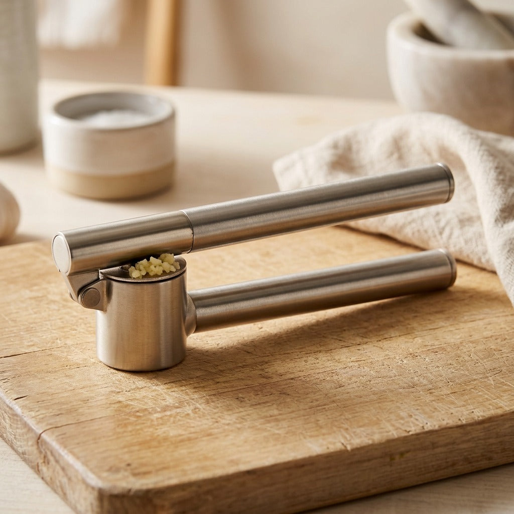 Pressclove™ Stainless Steel Garlic Press, styled close view