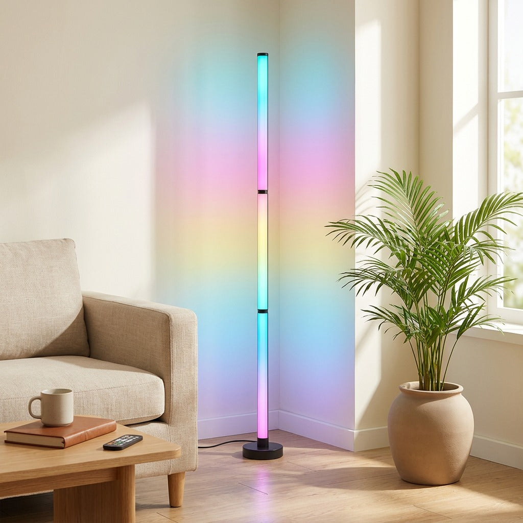 Cornerhue™ RGB LED Corner Floor Lamp in a calm home setting