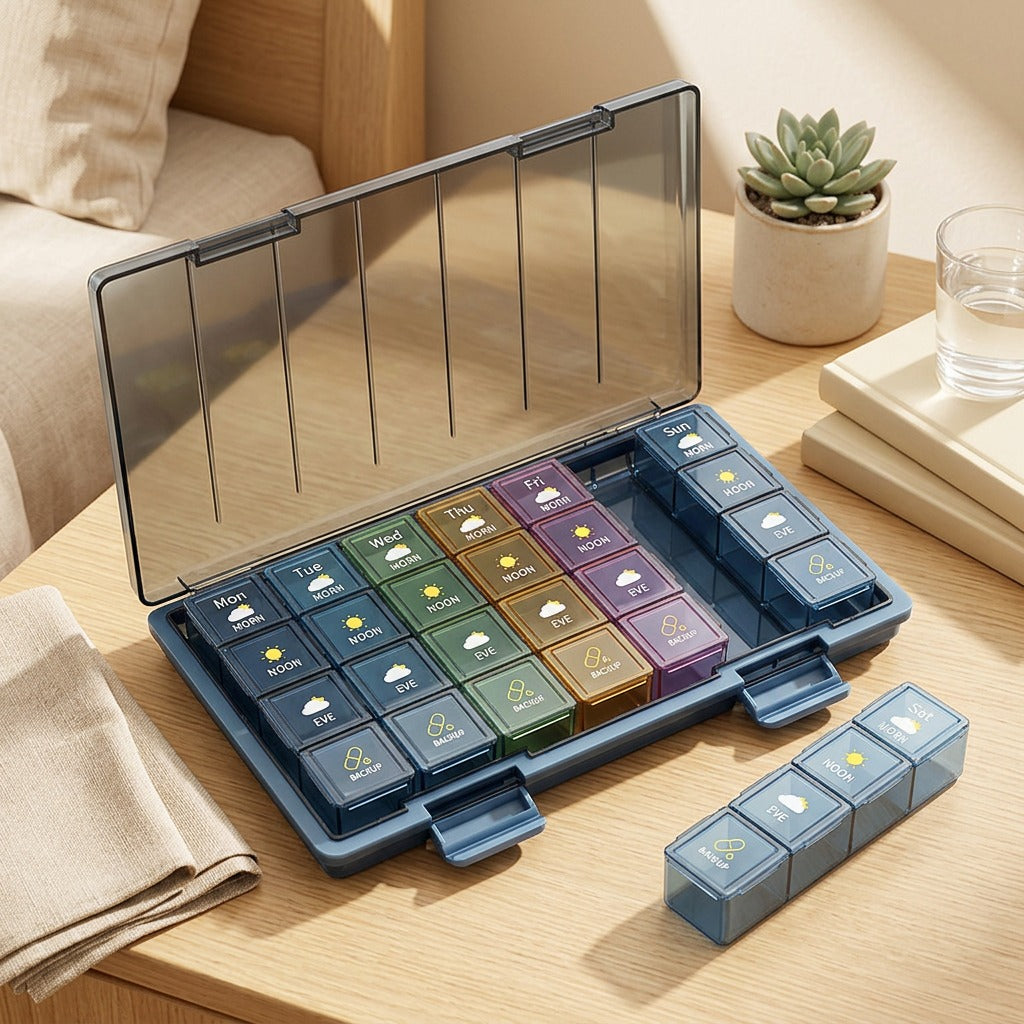 Medcase™ Plastic Medicine Pill Box in a calm home setting