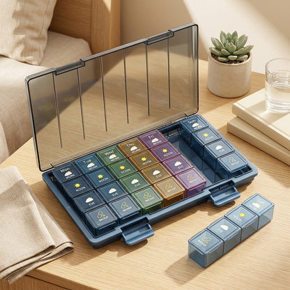 Medcase™ Plastic Medicine Pill Box in a calm home setting