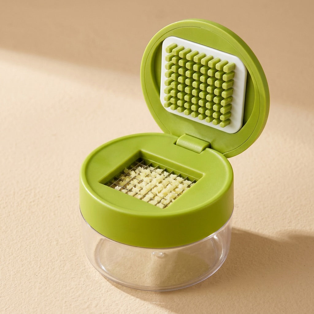 Cloveclamp™ Stainless Steel Manual Garlic Press, material and detail close-up