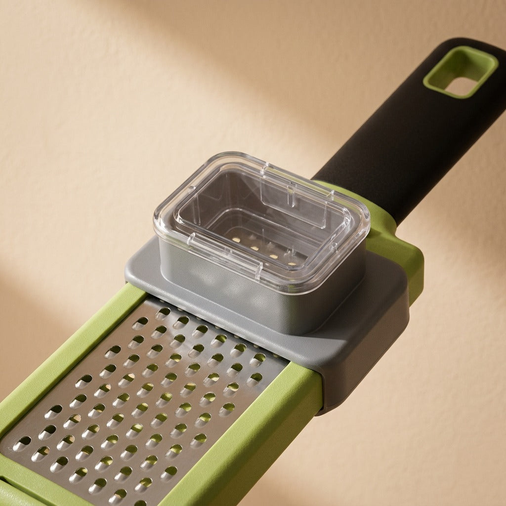 Cloveease™ Green Plastic Manual Garlic Press, material and detail close-up