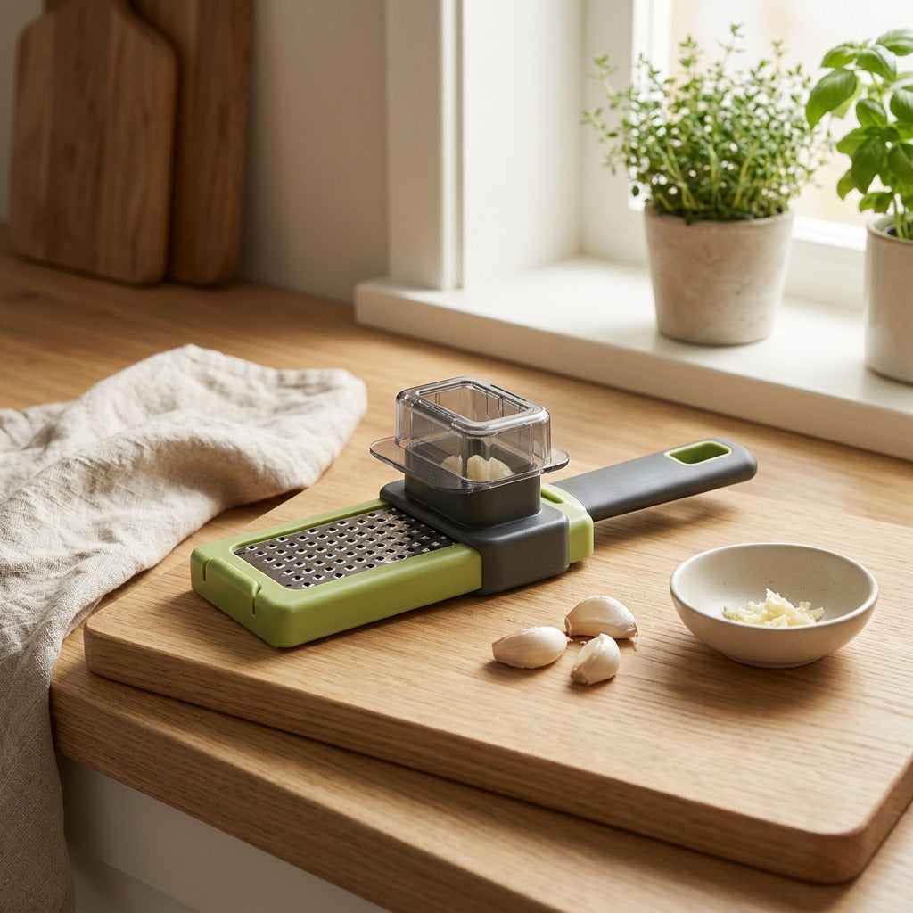 Cloveease™ Green Plastic Manual Garlic Press in a calm home setting