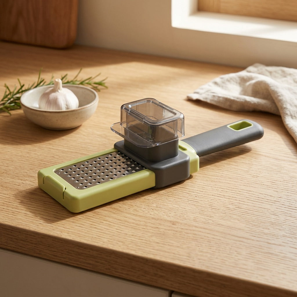 Cloveease™ Green Plastic Manual Garlic Press, styled close view