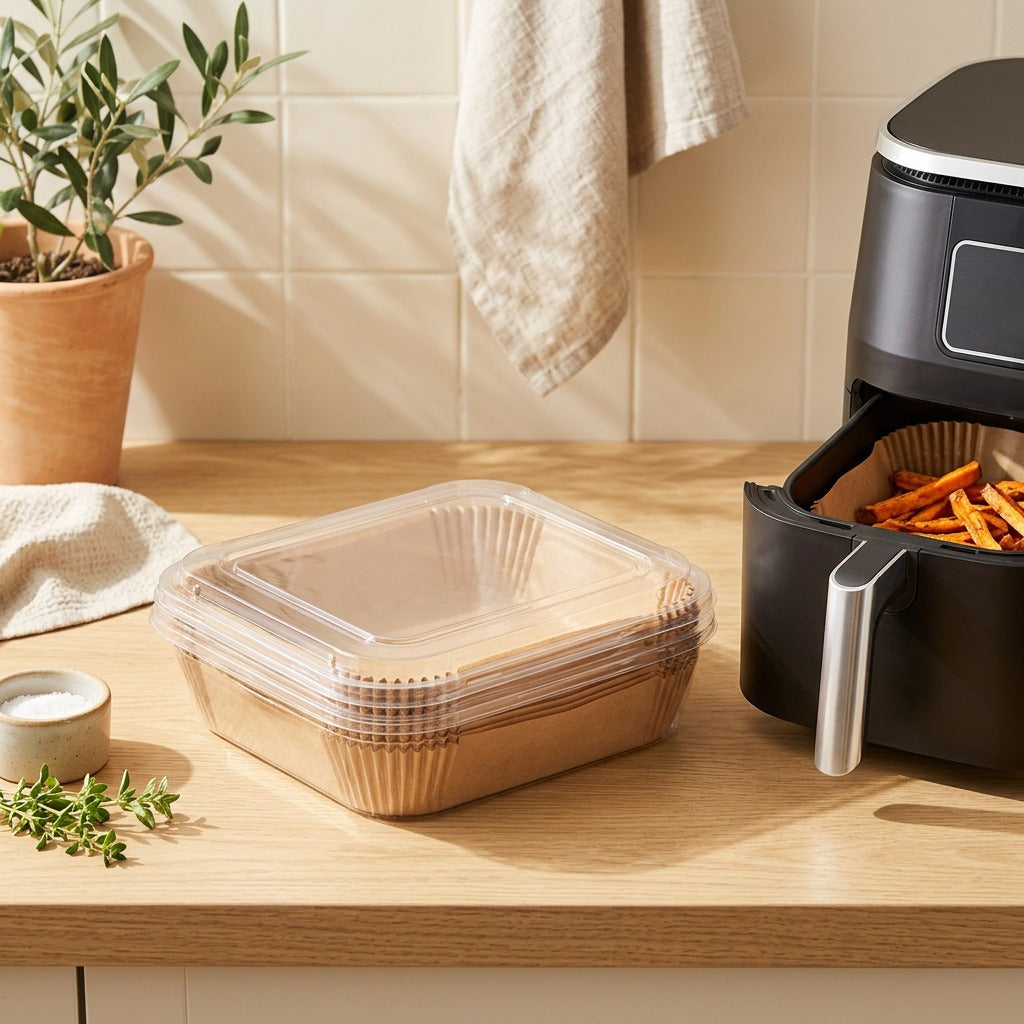 Fryguard™ Rectangular Silicone Air Fryer Paper Liners in a calm home setting