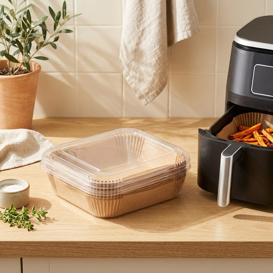 Fryguard™ Rectangular Silicone Air Fryer Paper Liners in a calm home setting