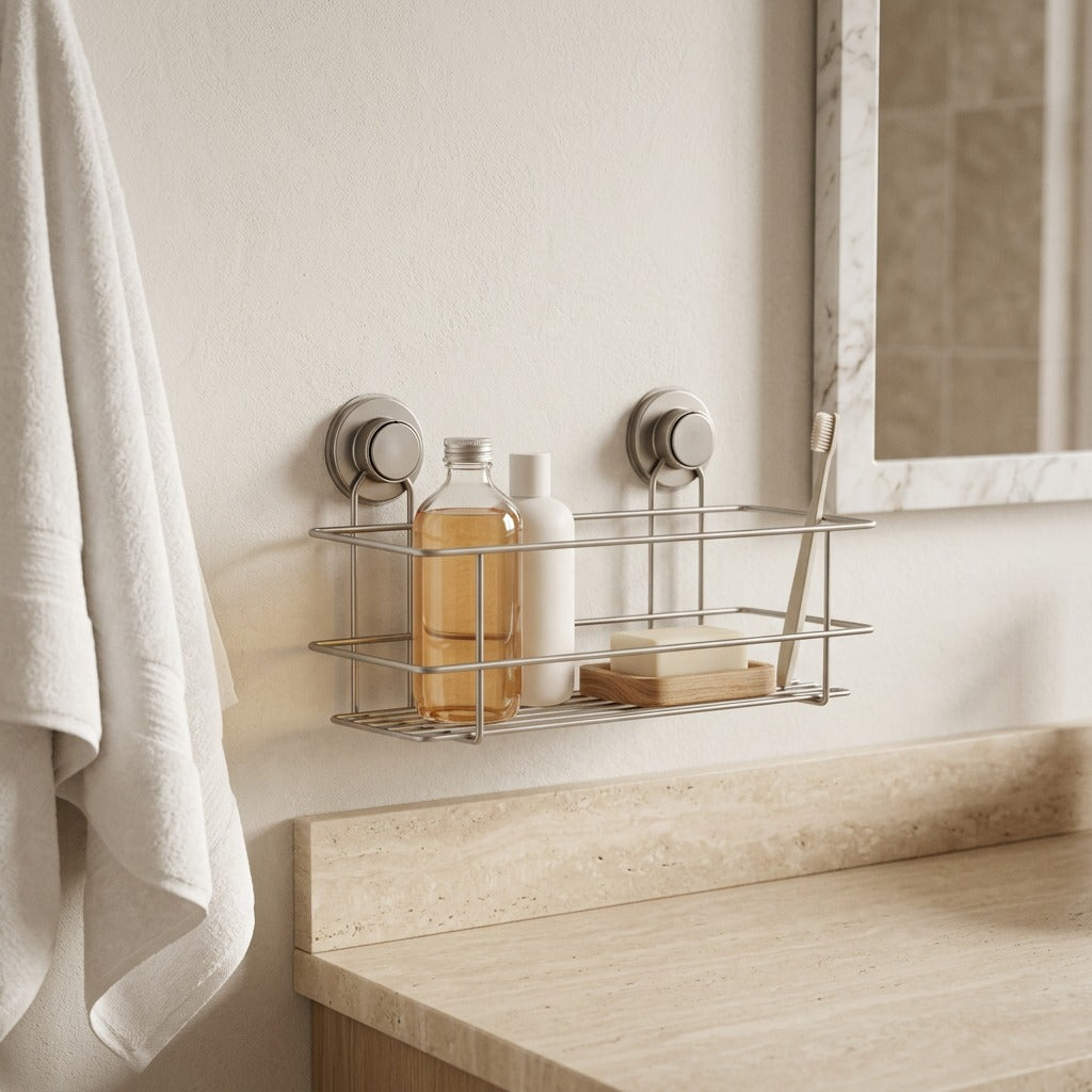 Gripledge™ Metal Bathroom Suction Cup Storage Rack, styled close view