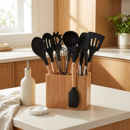 Softstir™ 12-Piece Silicone Kitchen Utensil Set in a calm home setting