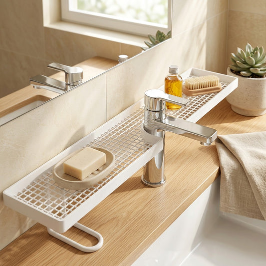 Sinknest™ Iron Bathroom Sink Storage Rack in a calm home setting
