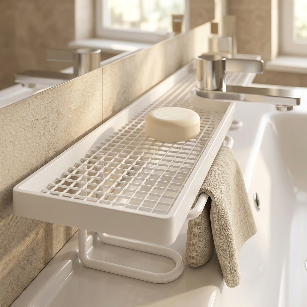 Sinknest™ Iron Bathroom Sink Storage Rack, styled close view