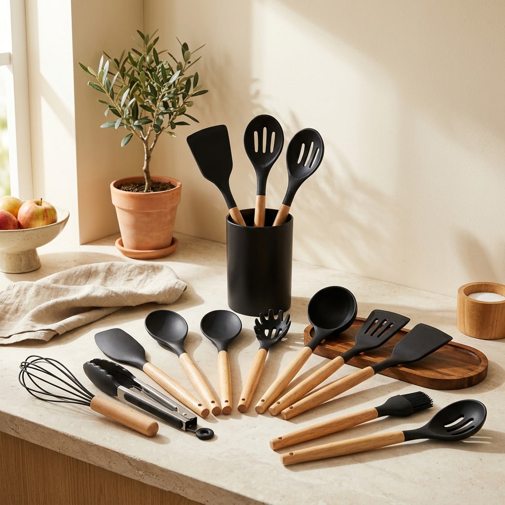 Stirserve™ 12-Piece Silicone Kitchen Utensil Set in a calm home setting