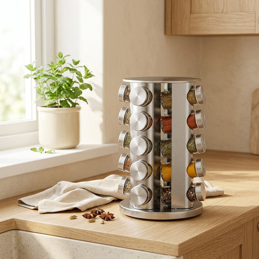 Spicespin™ Stainless Steel Rotating Spice Rack in a calm home setting