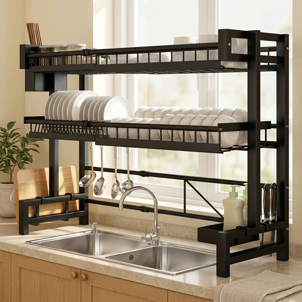 Driprail™ Carbon Steel Kitchen Sink Dish Rack in a calm home setting