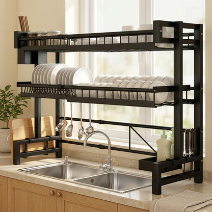 Driprail™ Carbon Steel Kitchen Sink Dish Rack in a calm home setting