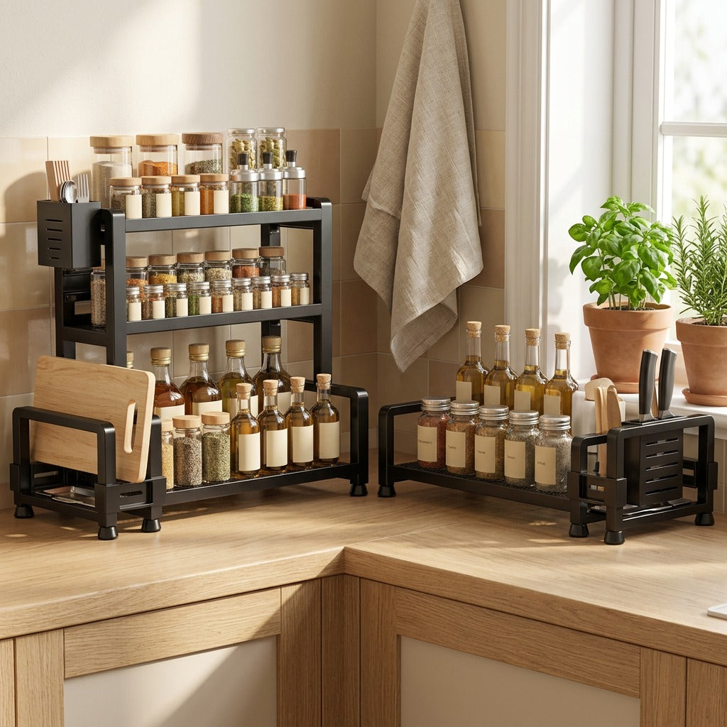 Seasonrack™ Carbon Steel Countertop Spice Rack in a calm home setting