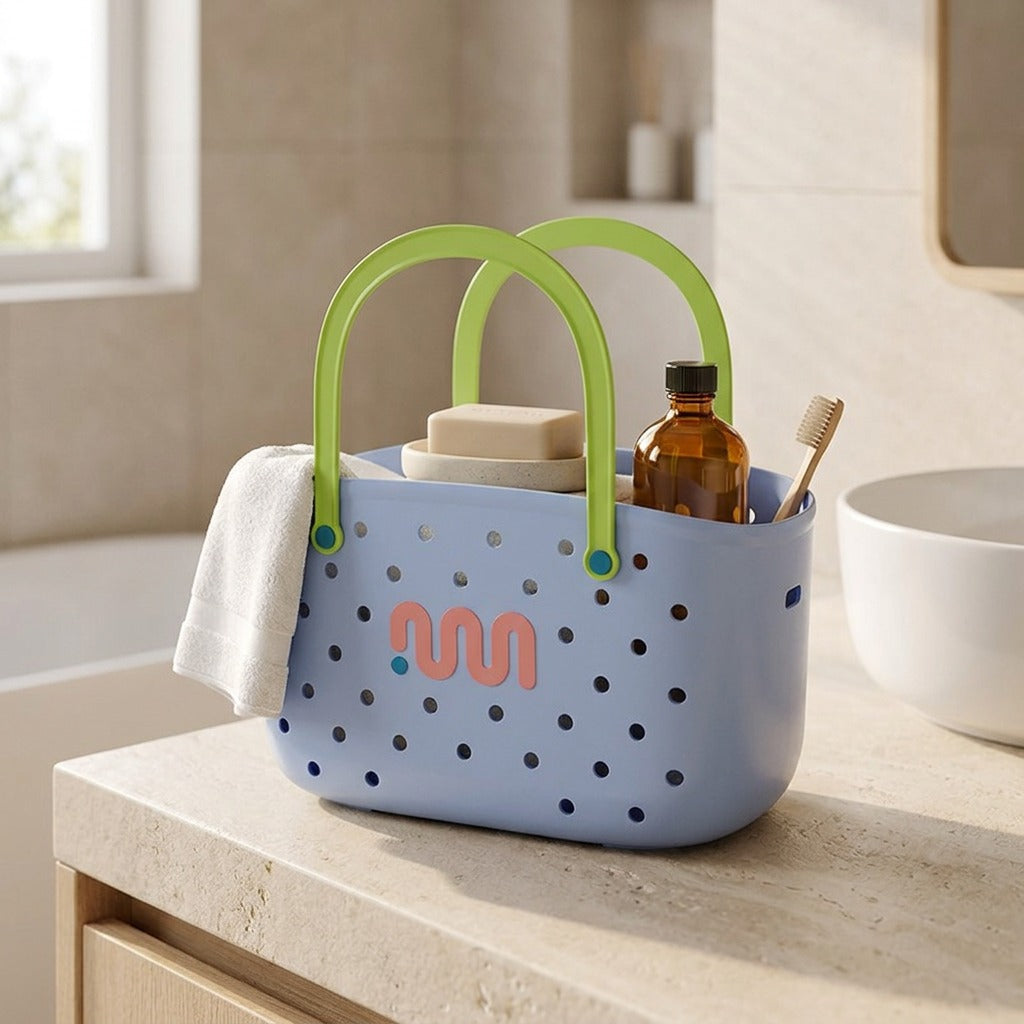 Tidyweave™ Plastic Bathroom Storage Basket, styled close view