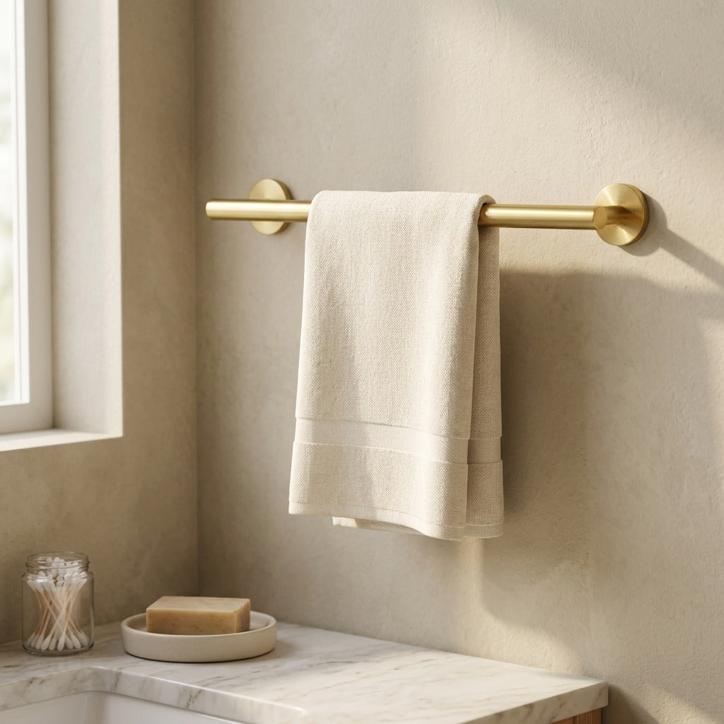 Linenperch™ Stainless Steel Bathroom Towel Bar, styled close view