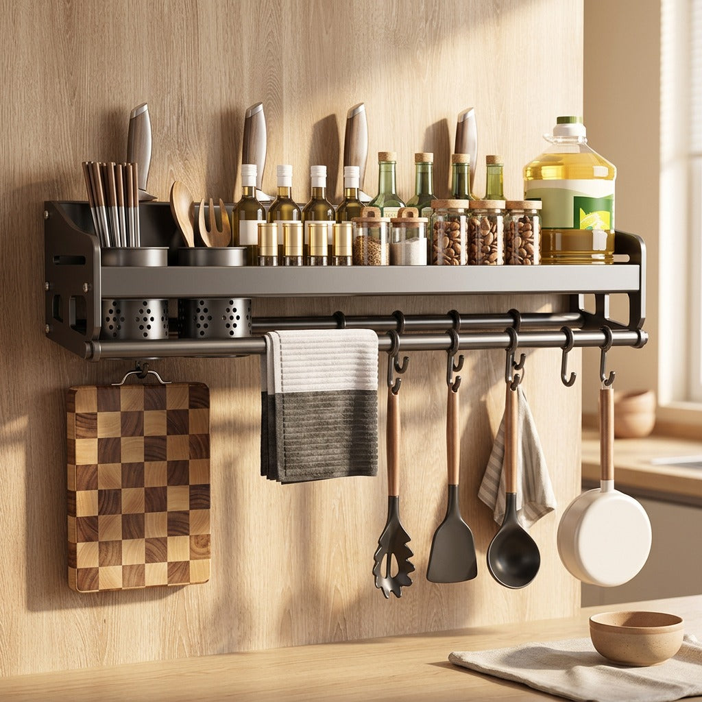 Wallspice™ Wall-Mounted Carbon Steel Spice Rack, styled close view