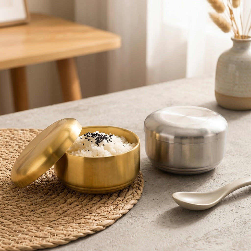 Riceguard™ Double-Layer Stainless Steel Rice Bowl, styled close view