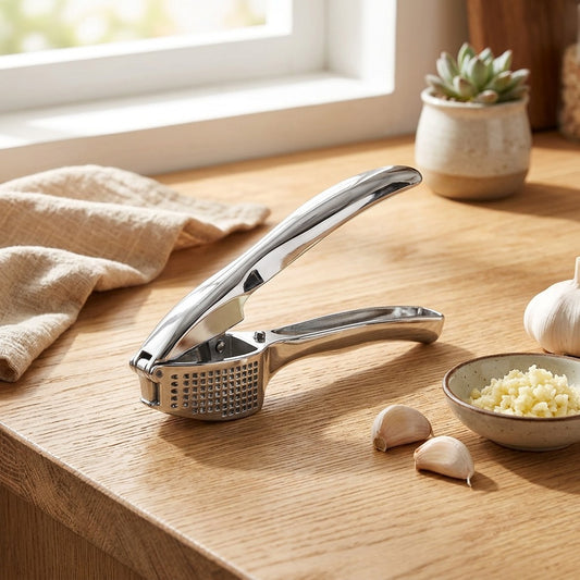 Zingchop™ Zinc Alloy Garlic Press in a calm home setting